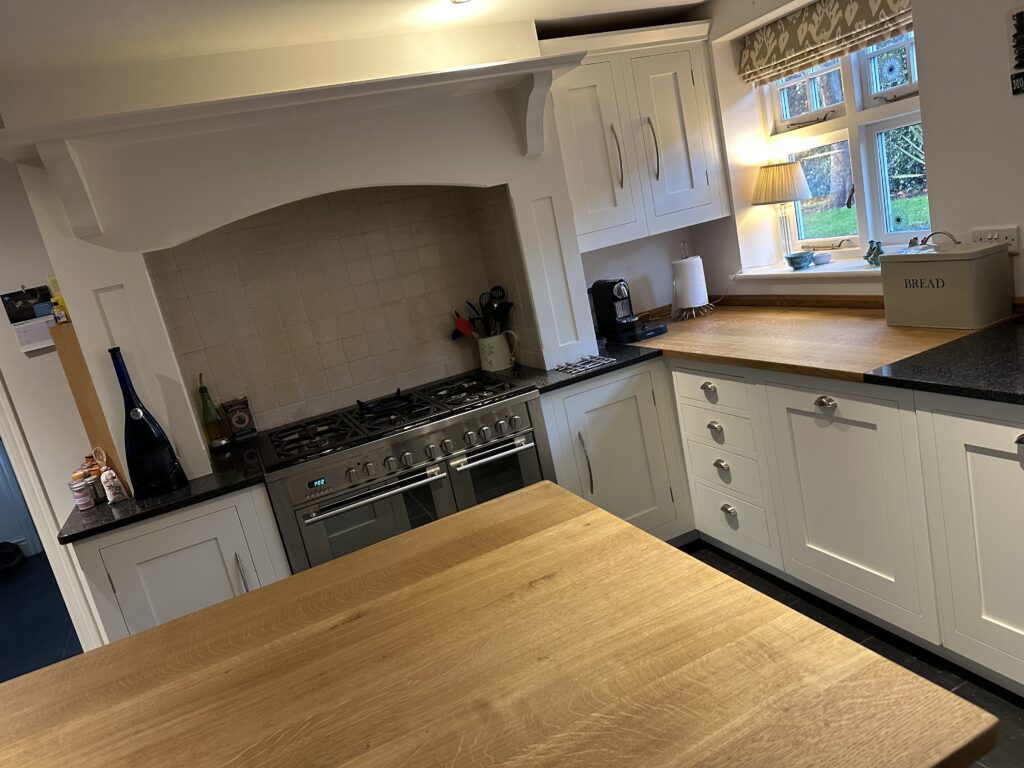 Hand painted kitchen with wooden worktops