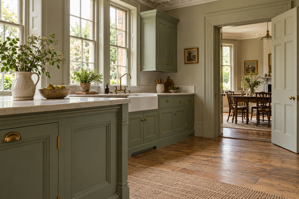 Sage-green kitchen in a period home with panelled cabinets, sash windows and decorative cornicing